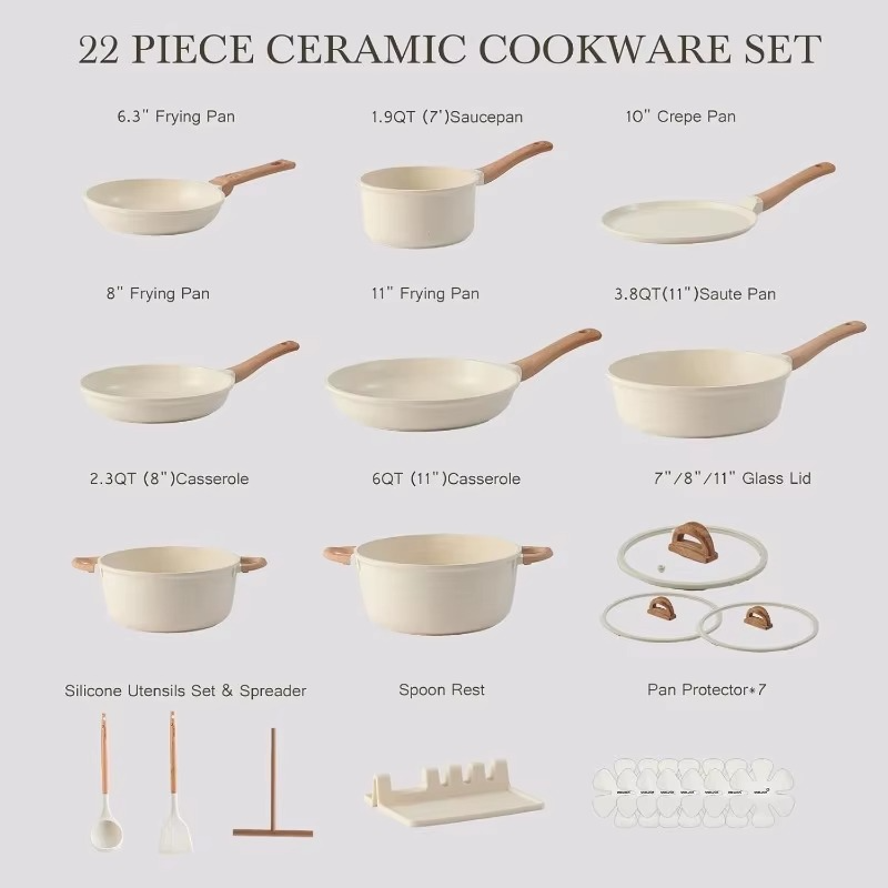 Ceramic Nonstick Cookware Set with Tempered Glass Lids and Heat-Resistant Handles, 22-Piece