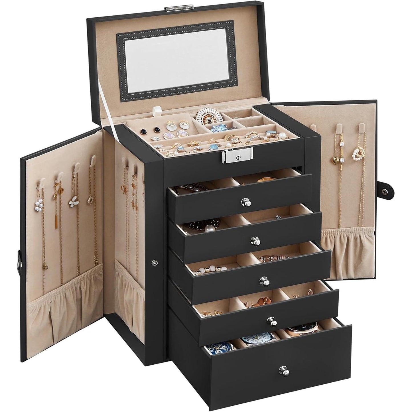 Large Jewelry Box Organizer 6 Tier, Lockable Jewelry Storage Case with Drawers Mirror