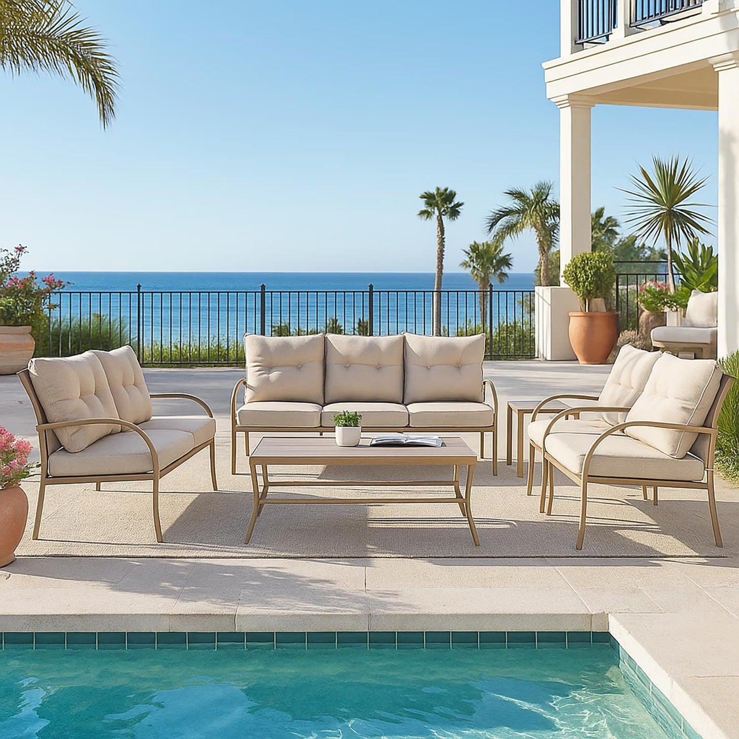 Liora Outdoor Sofa Set with Coffee Table – Cream, Steel Frame & Weather-Resistant Cushions