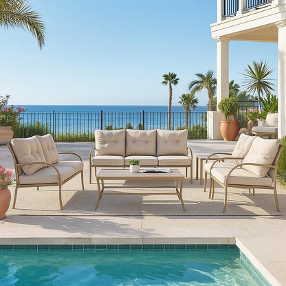 Liora Outdoor Sofa Set with Coffee Table – Cream, Steel Frame & Weather-Resistant Cushions