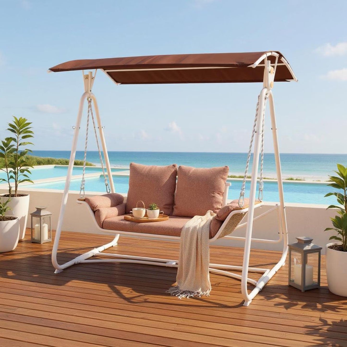 Outdoor 2-Seater Swing with Brown Cushioning