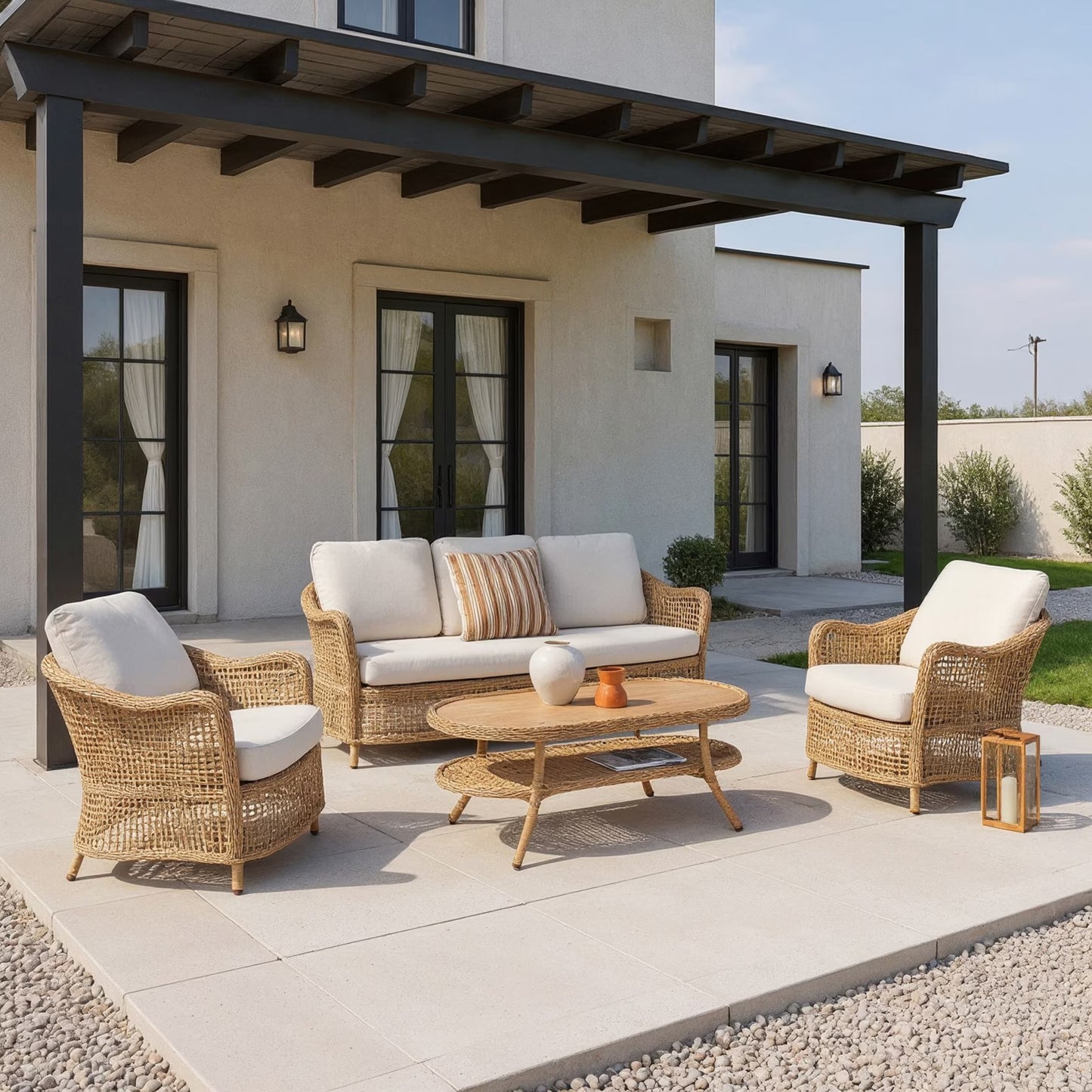Vino Outdoor Sofa Set with Coffee Table, Beige Cushions, Rattan with Aluminum Frame