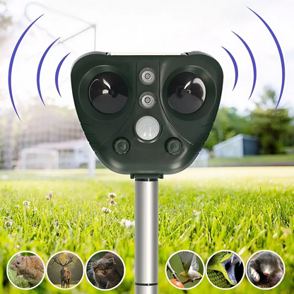 Outdoor Ultrasonic Animal Repeller with Solar Panel and LED Flashing Light, IP44 Waterproof