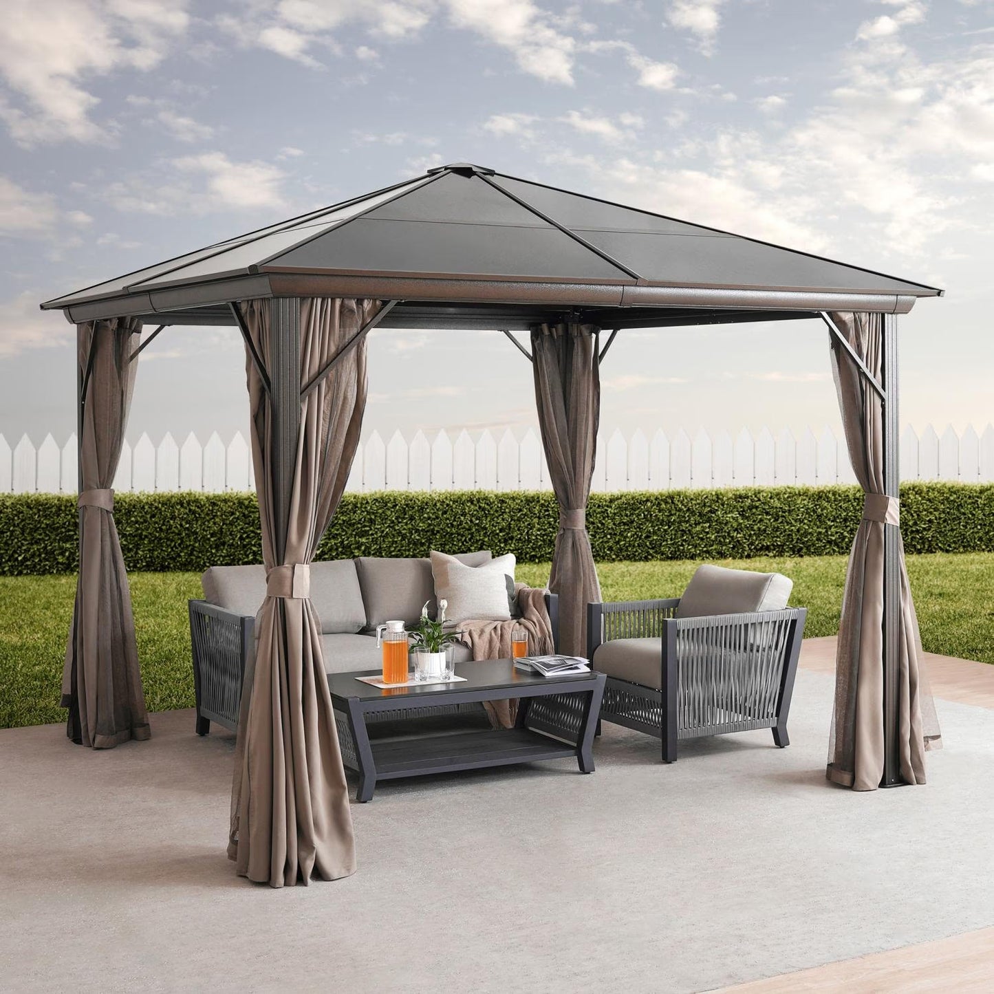 Mavren Outdoor Gazebo 3x3x2.8m, Brown Curtains with Black frame
