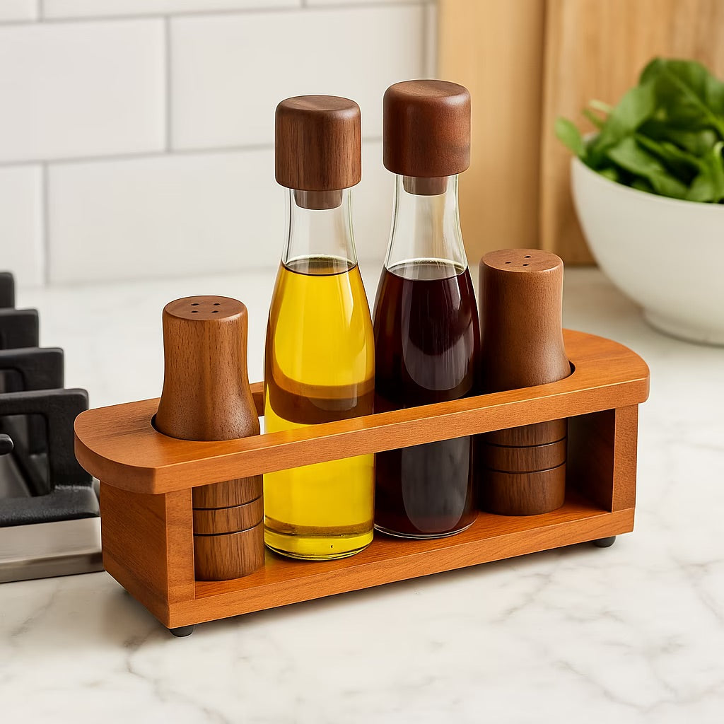 5-Piece Glass and Acacia Wood Cruet Set, Oil and Vinegar Dispenser Set