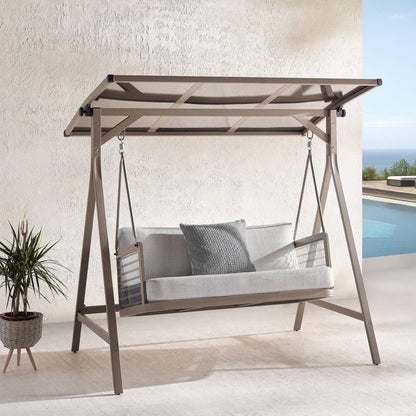 Outdoor 2-Seater Swing, Light Brown Frame with Gray Cushioned Seating