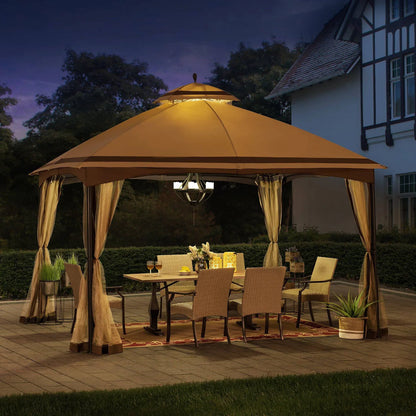 Fari 10x13 ft Steel Outdoor Canopy Gazebo with Netting, 2-Tier Ventilated Roof
