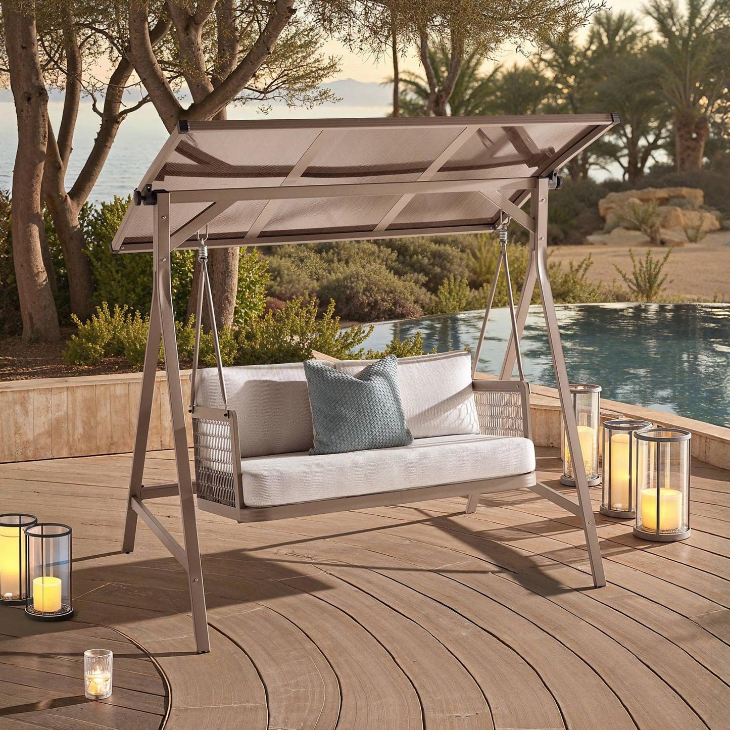 Outdoor 2-Seater Swing, Light Brown Frame with Gray Cushioned Seating
