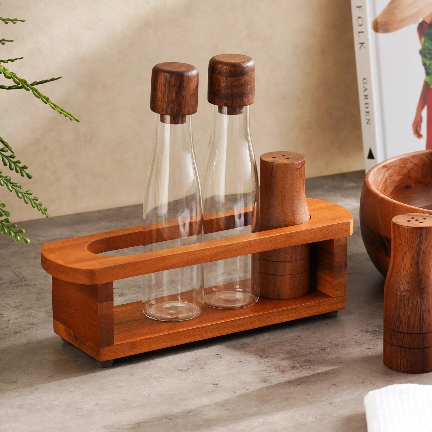 5-Piece Glass and Acacia Wood Cruet Set, Oil and Vinegar Dispenser Set