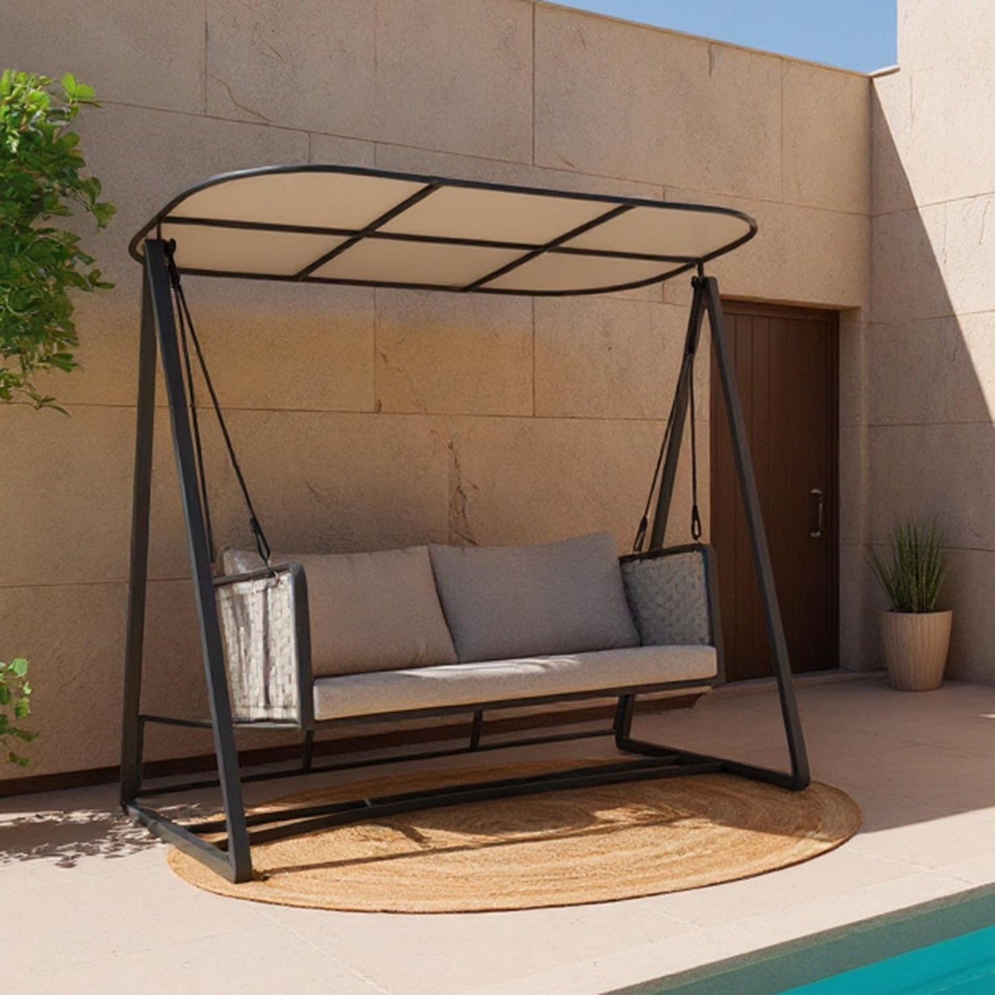 Outdoor 2-Seater Swing with Cushions, Beige with Black frame
