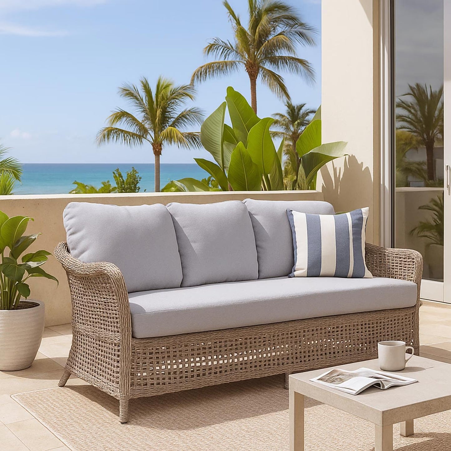 Vino Outdoor Sofa Set with Coffee Table, Beige Cushions, Rattan with Aluminum Frame