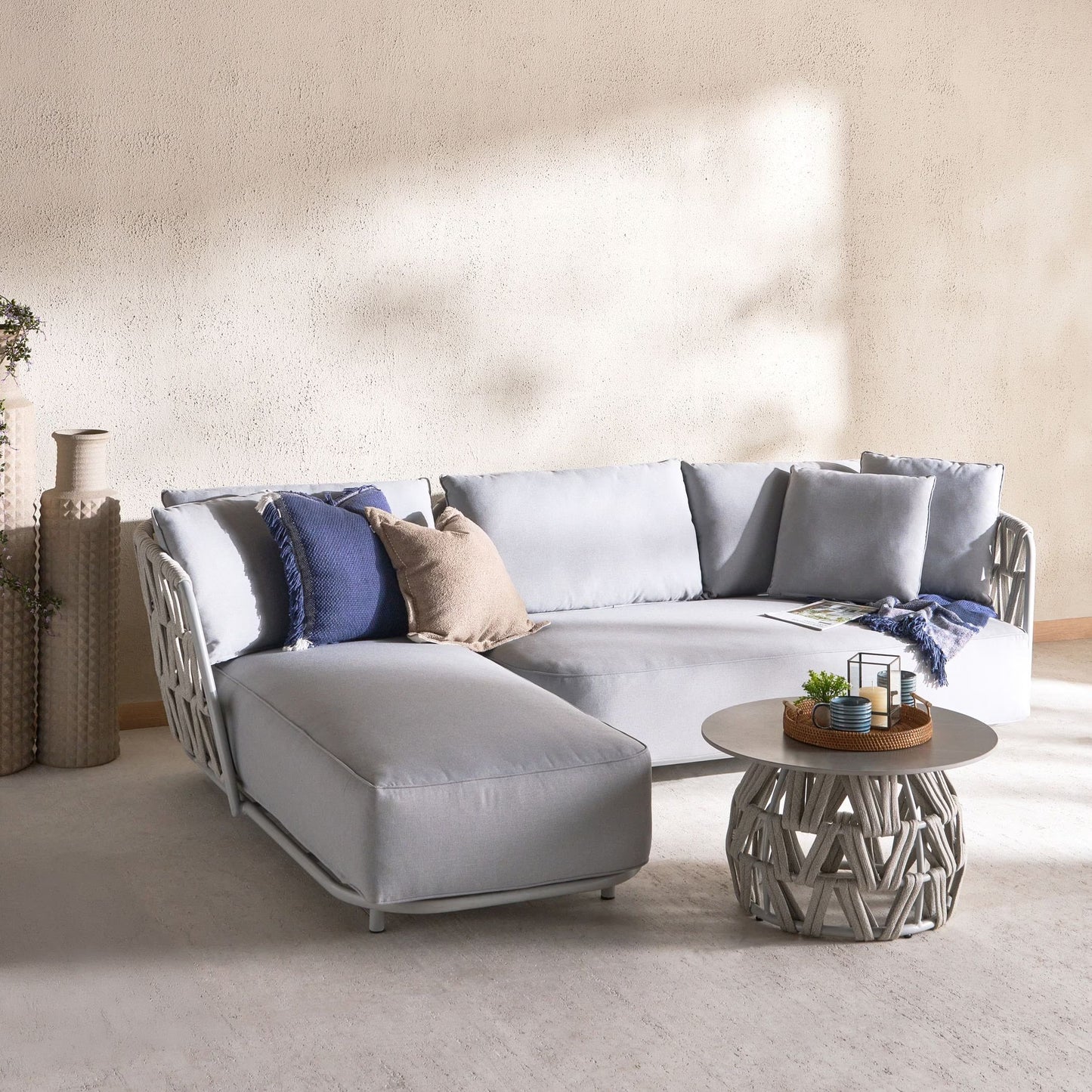 Rona Outdoor Corner Sofa Set with Table, Light Gray with Aluminum frame