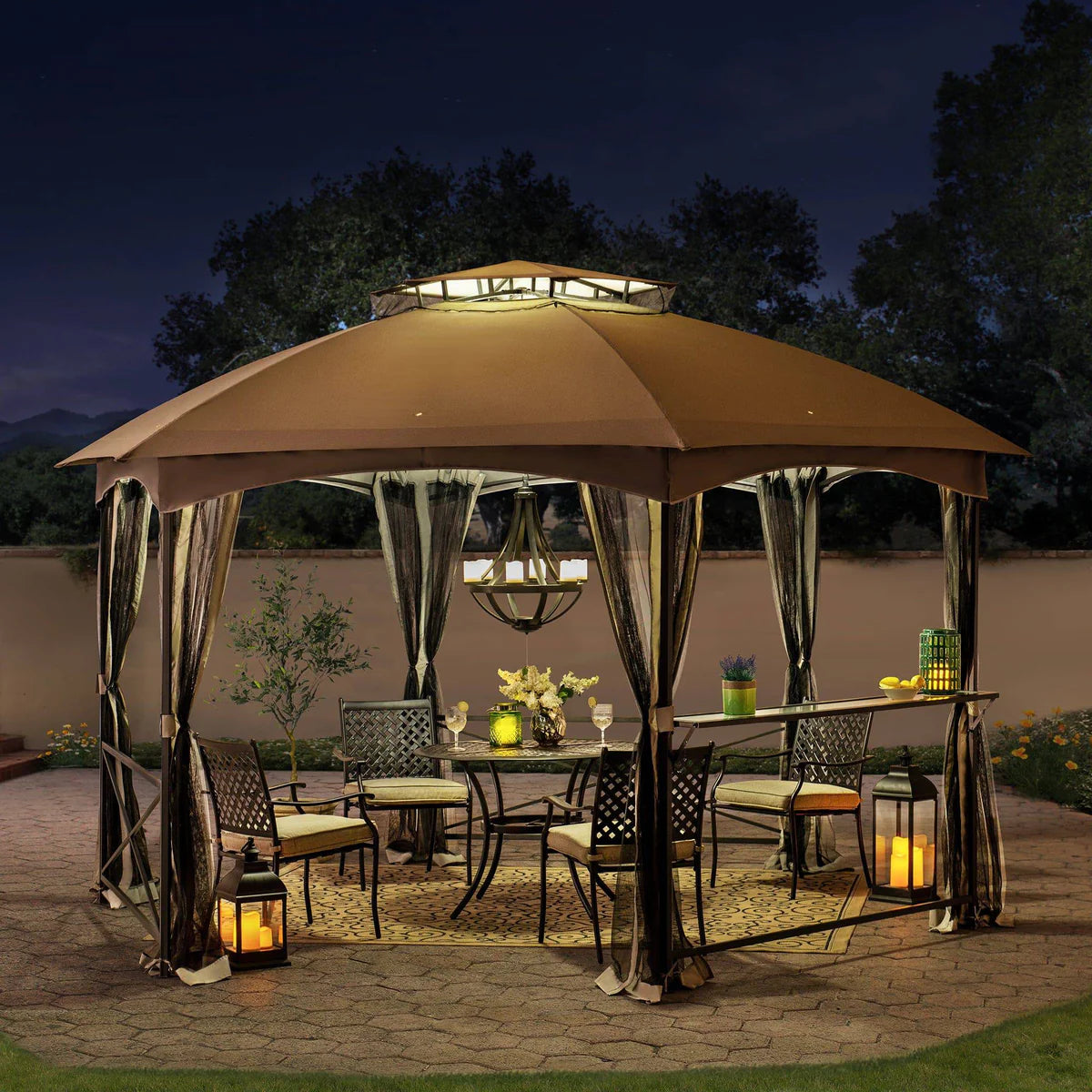 Hexo 15x15 ft Hexagon Soft Top Gazebo with Netting and Bar Shelf, 2-Tier Ventilated Roof