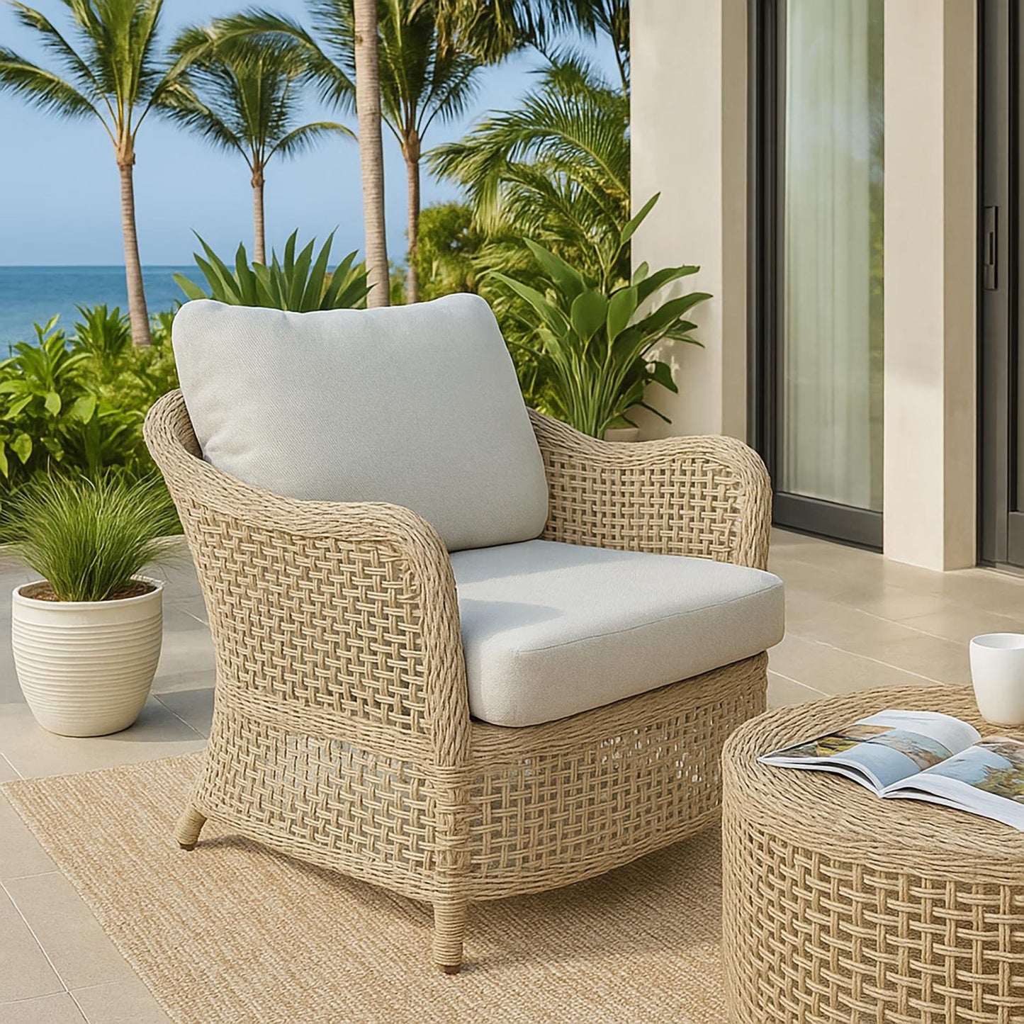 Vino Outdoor Sofa Set with Coffee Table, Beige Cushions, Rattan with Aluminum Frame
