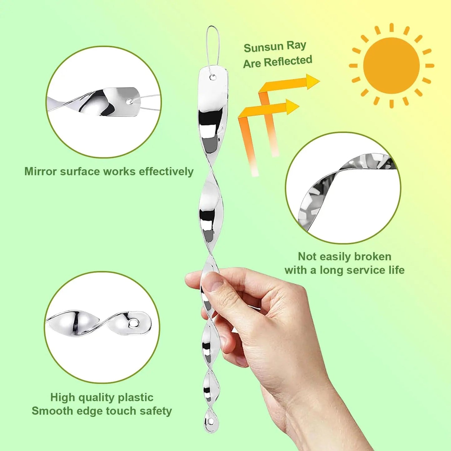 Spiral Bird Deterrent Rod with Reflective Silver Surface and Rope Hanging