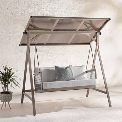 Outdoor 2-Seater Swing, Light Brown Frame with Gray Cushioned Seating