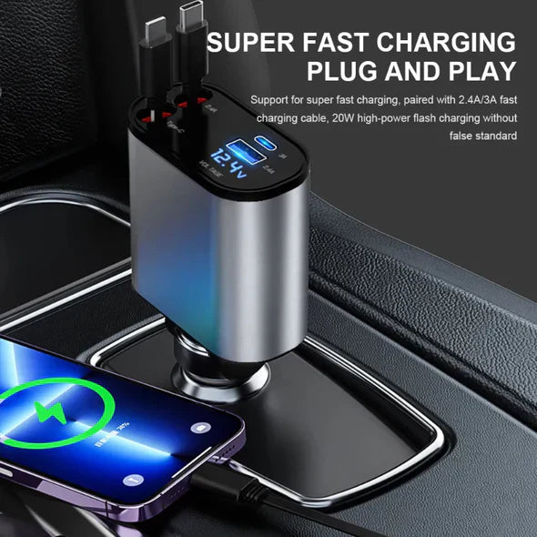 Retractable Car Charger with Dual Cables and Four Charging Ports