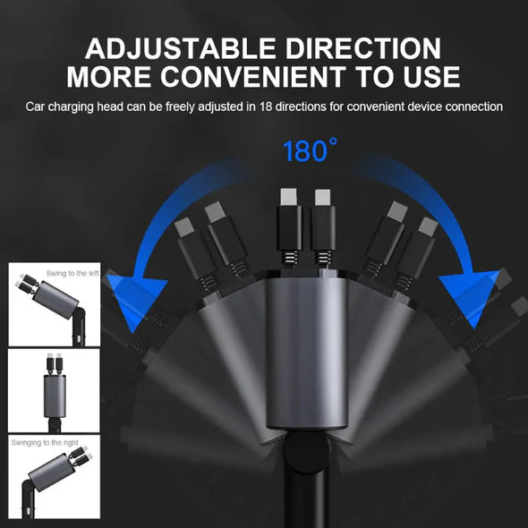 Retractable Car Charger with Dual Cables and Four Charging Ports