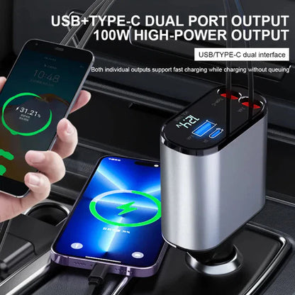 Retractable Car Charger with Dual Cables and Four Charging Ports