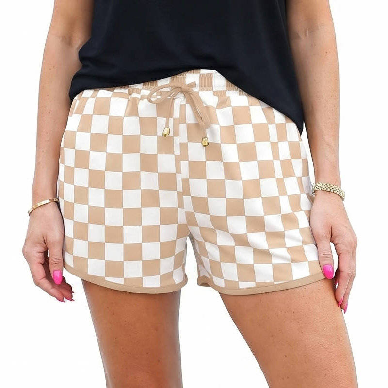 Women's Checkered Drawstring Casual Shorts, Elastic High Waist Comfy Lounge Shorts, Chic Summer Plaid Bottoms with Pockets for Everyday Wear