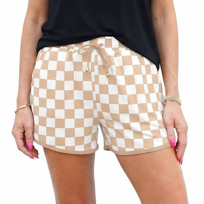 Women's Checkered Drawstring Casual Shorts, Elastic High Waist Comfy Lounge Shorts, Chic Summer Plaid Bottoms with Pockets for Everyday Wear