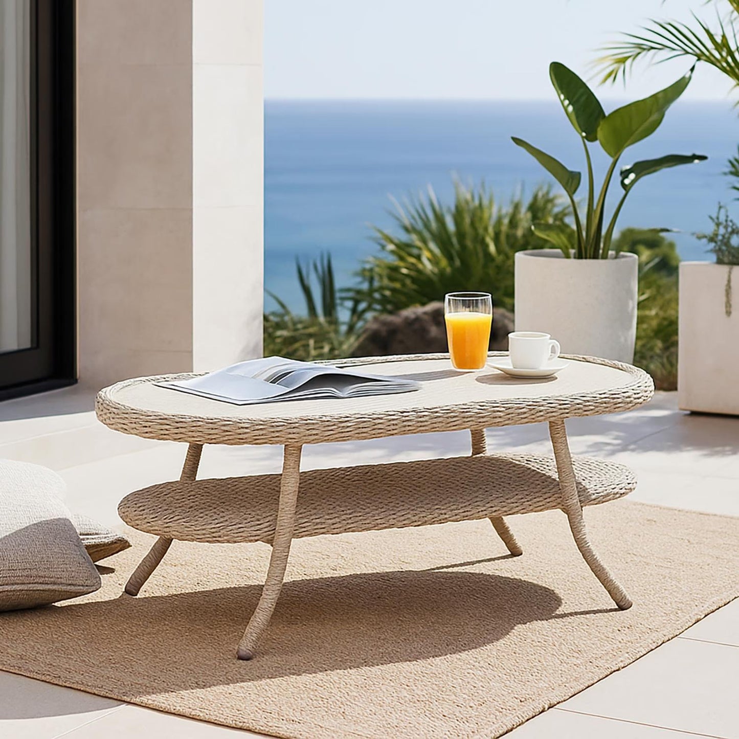Vino Outdoor Sofa Set with Coffee Table, Beige Cushions, Rattan with Aluminum Frame