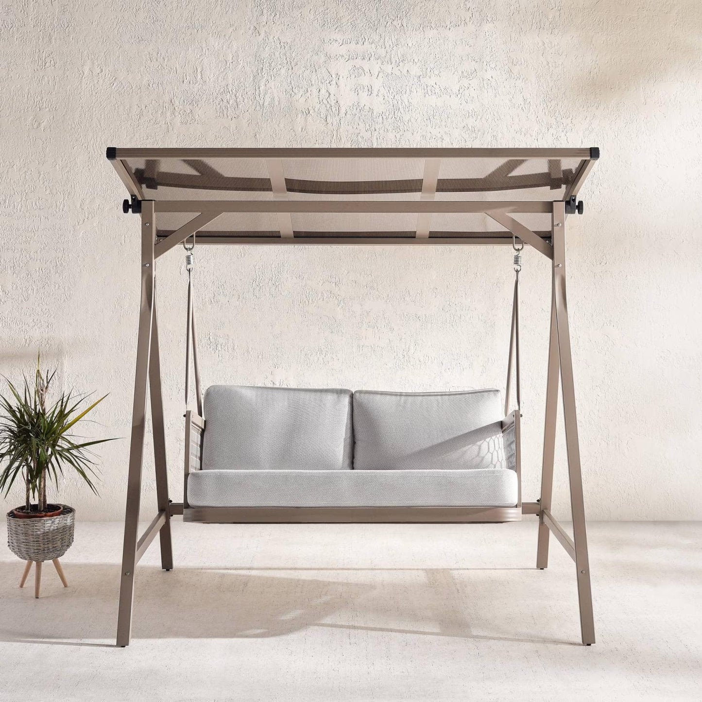 Outdoor 2-Seater Swing, Light Brown Frame with Gray Cushioned Seating
