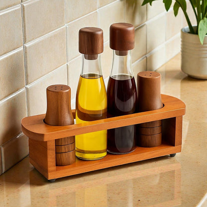 5-Piece Glass and Acacia Wood Cruet Set, Oil and Vinegar Dispenser Set
