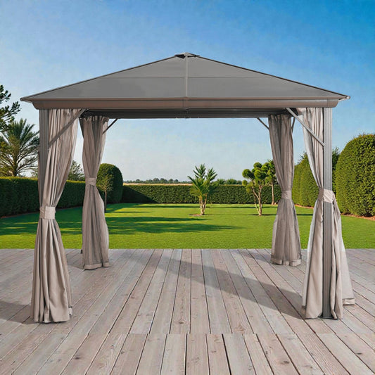 Mavren Outdoor Gazebo 3x3x2.8m, Brown Curtains with Black frame