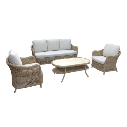 Vino Outdoor Sofa Set with Coffee Table, Beige Cushions, Rattan with Aluminum Frame