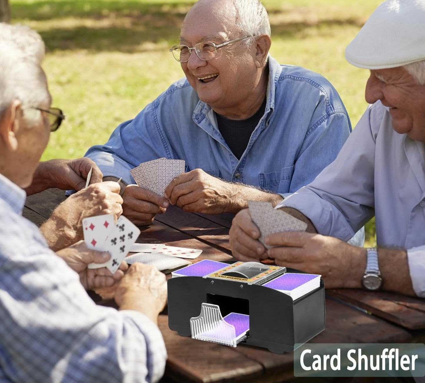 Dual Deck Card Shuffler with Battery Power and One Button Operation