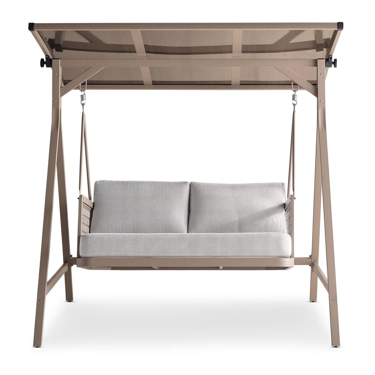 Outdoor 2-Seater Swing, Light Brown Frame with Gray Cushioned Seating