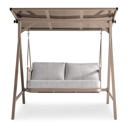 Outdoor 2-Seater Swing, Light Brown Frame with Gray Cushioned Seating