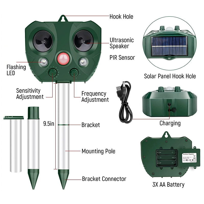 Outdoor Ultrasonic Animal Repeller with Solar Panel and LED Flashing Light, IP44 Waterproof