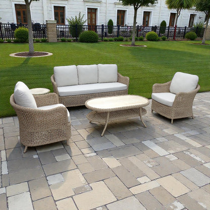 Vino Outdoor Sofa Set with Coffee Table, Beige Cushions, Rattan with Aluminum Frame