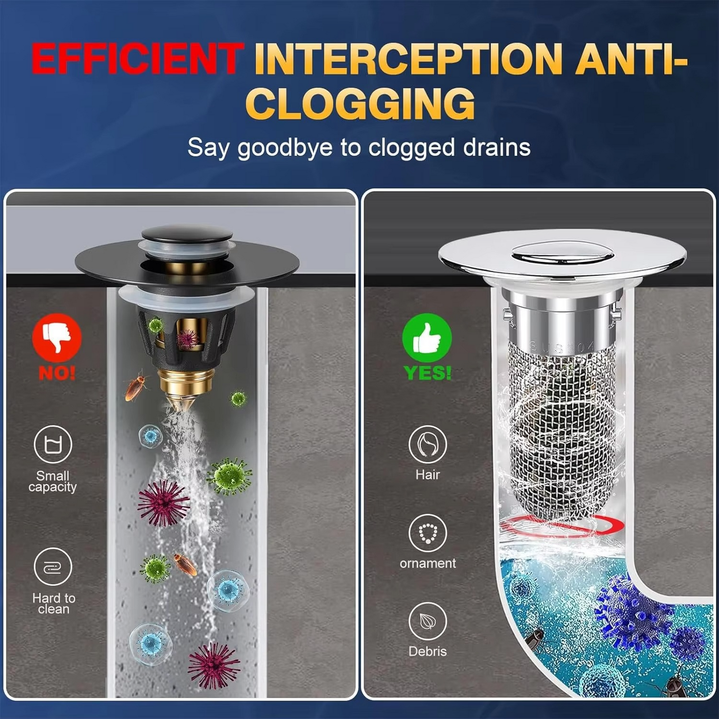 Sink Drain Stopper with Detachable Filter Basket and Press-Activated Seal