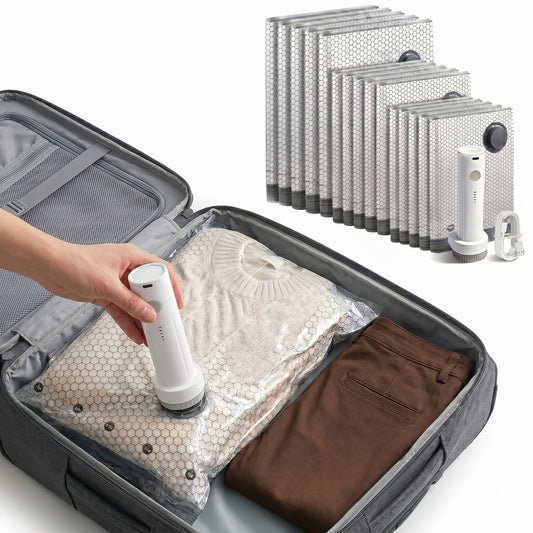 15 Pack Vacuum Storage Bags for Travel with Rechargeable Cordless Pump, Space Saver Compression Packing Bags for Luggage Combo Size