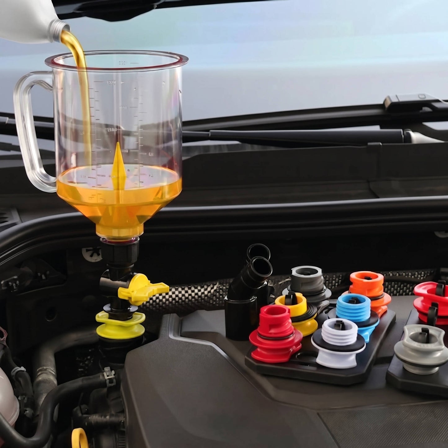 18 Pieces Engine Oil Funnel Set, 1.5L Automotive Oil Filler Kit with 12 Adapters, Elbow Fitting, Mesh Screen & Magnetic Storage Hook Tray for GM, Ford, BMW, Audi, Land Rover