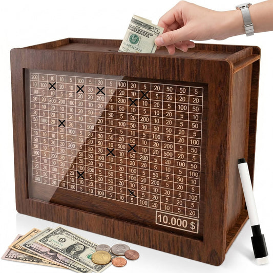 Wooden Money Saving Box, 10000 Savings Challenge Piggy Bank for Kids and Adults