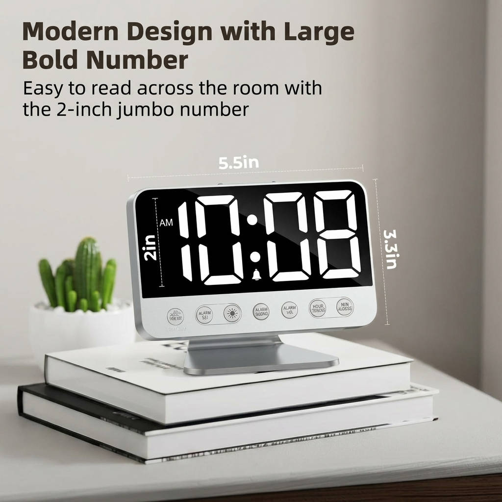 Digital Alarm Clock Bedroom Large Display, Adjustable Brightness Easy Read LED Clock with Night Light
