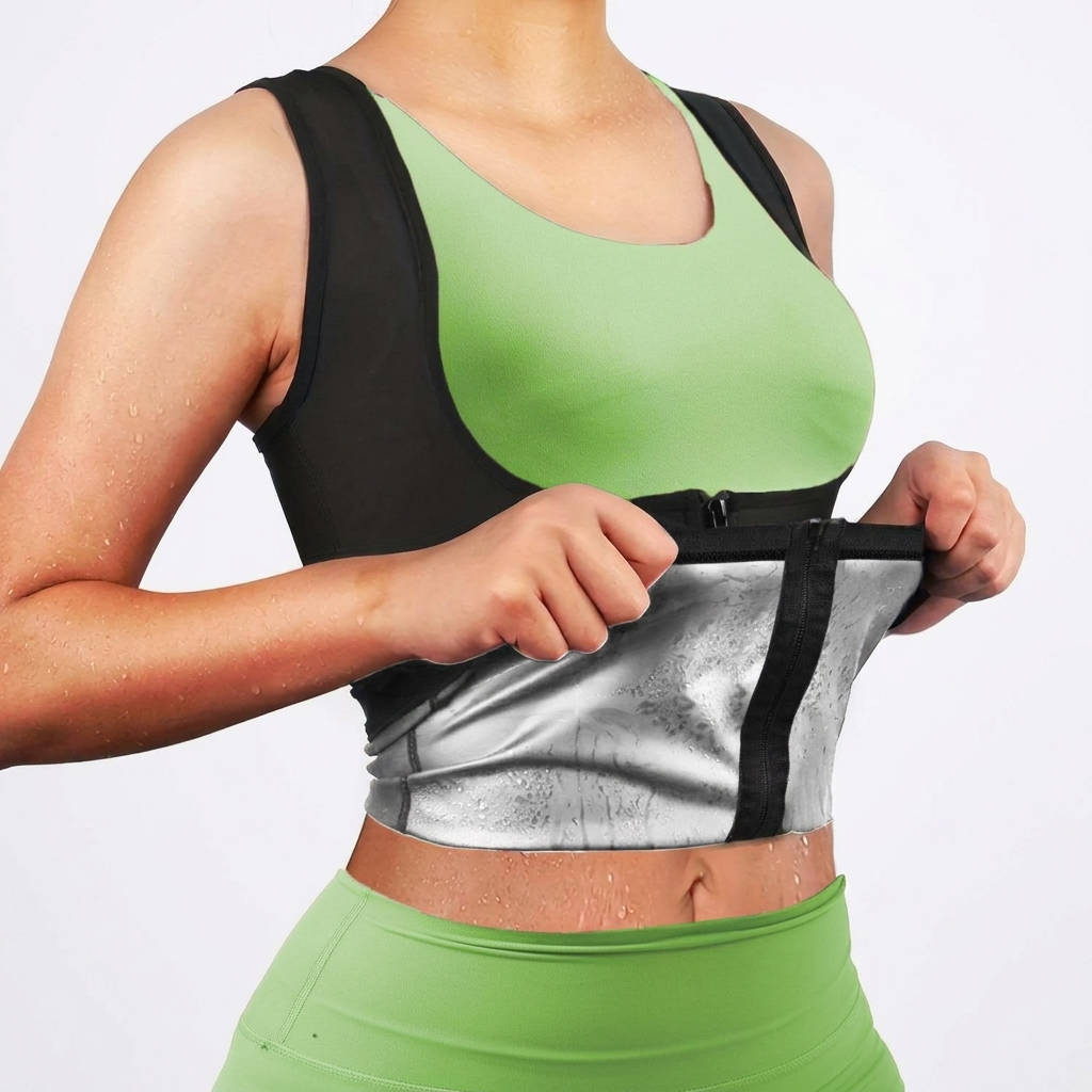 Womens Zip Front Sauna Top, Compression Fitness Workout Running Gym Shirt