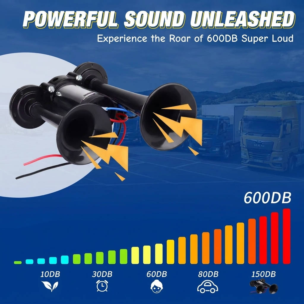 12V Dual Air Horn Kit 600DB, Loud Compressor Horn for Trucks Boats