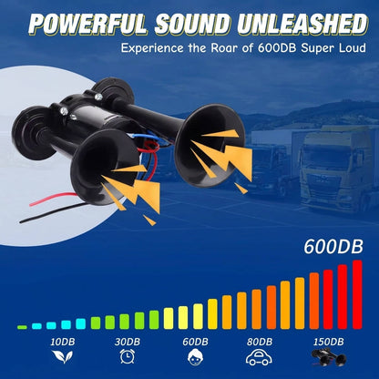 12V Dual Air Horn Kit 600DB, Loud Compressor Horn for Trucks Boats
