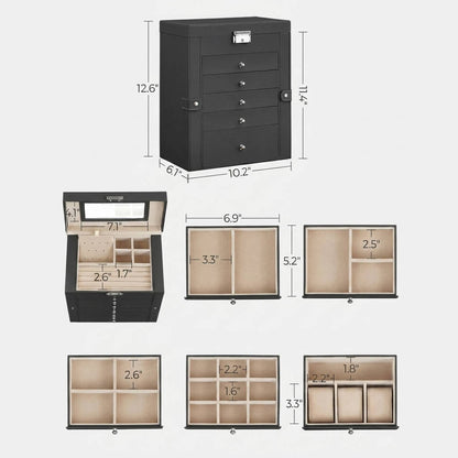 Large Jewelry Box Organizer 6 Tier, Lockable Jewelry Storage Case with Drawers Mirror