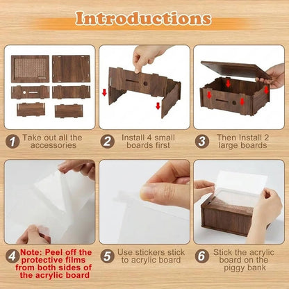 Wooden Money Saving Box, 10000 Savings Challenge Piggy Bank for Kids and Adults