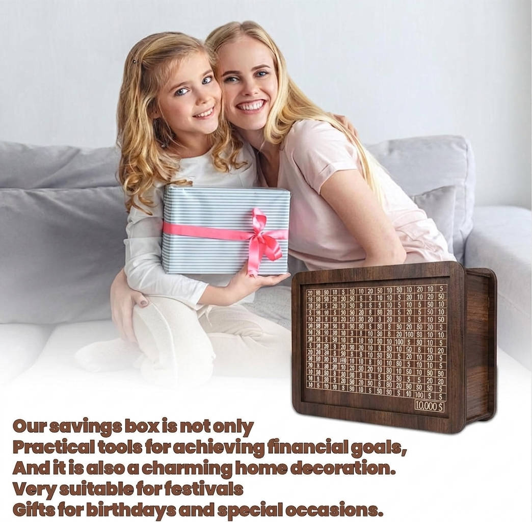 Wooden Money Saving Box, 10000 Savings Challenge Piggy Bank for Kids and Adults
