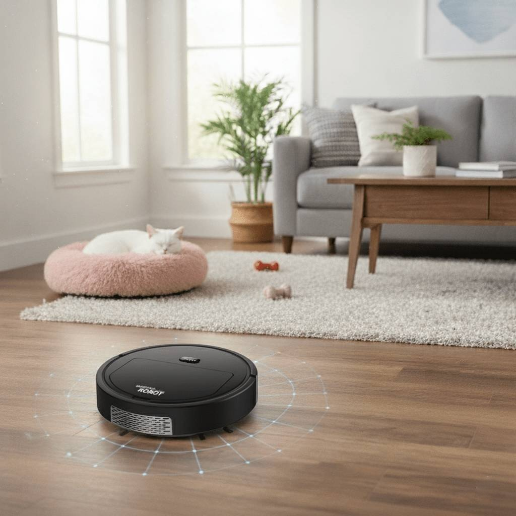 Robotic Floor Cleaner with Quiet Motor and Obstacle Sensors, 90-Minute Runtime
