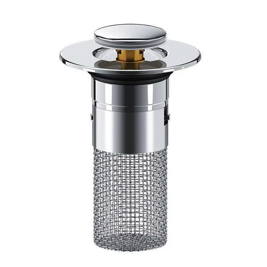 Sink Drain Stopper with Detachable Filter Basket and Press-Activated Seal