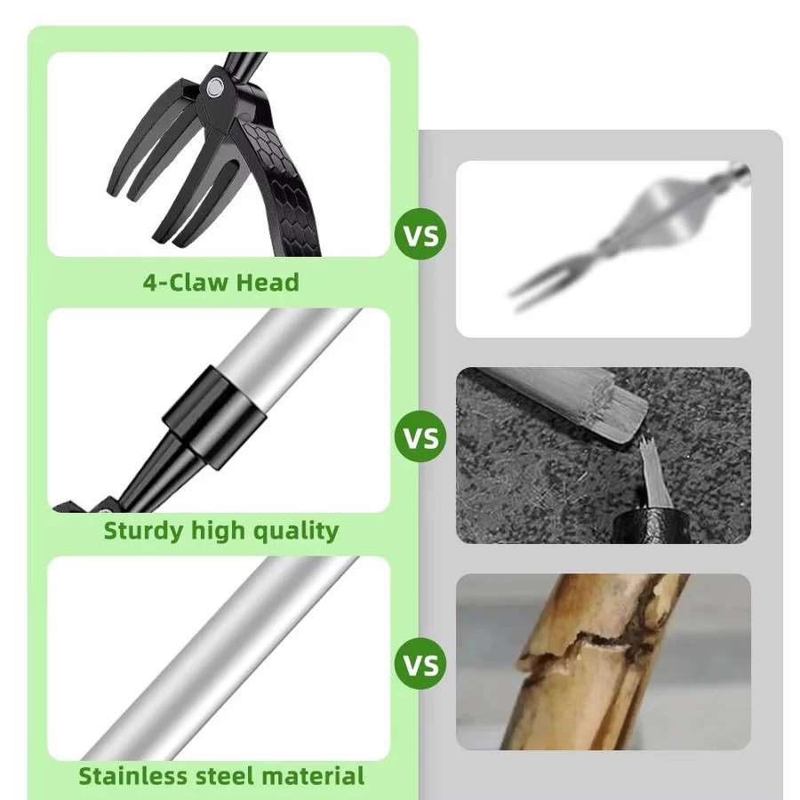 Ergonomic Weed Puller with 4-Claw Extraction System and Bamboo Handle
