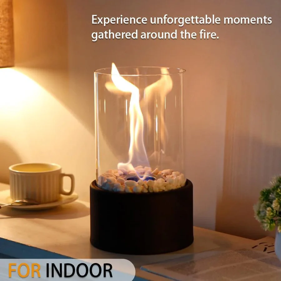 Tabletop Ethanol Fireplace with Glass Enclosure and Metal Base, 11.8in Height
